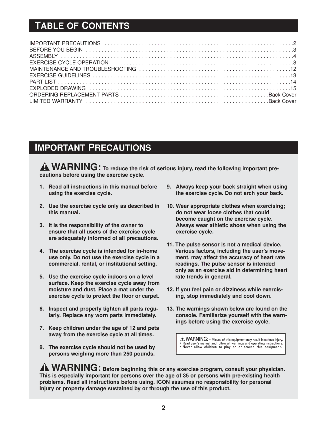 Reebok Fitness RBEX29011, CYC 10 manual Table of Contents, Important Precautions 