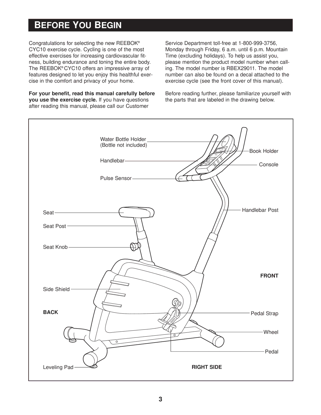 Reebok Fitness CYC 10, RBEX29011 manual Before YOU Begin, Front, Back, Right Side 