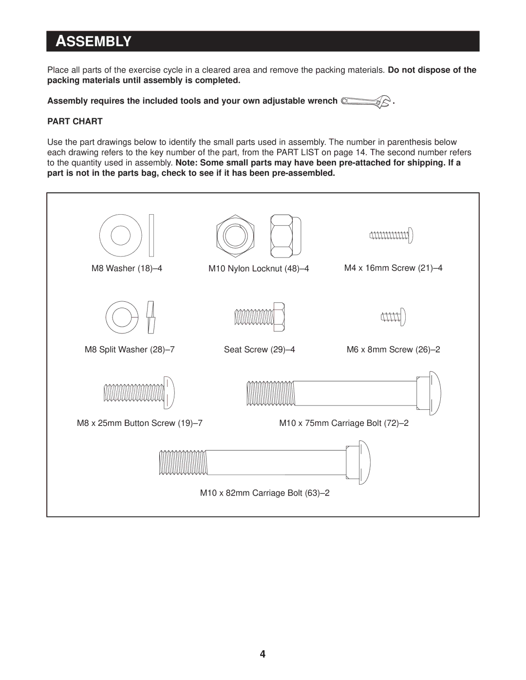 Reebok Fitness RBEX29011, CYC 10 manual Assembly, Part Chart 