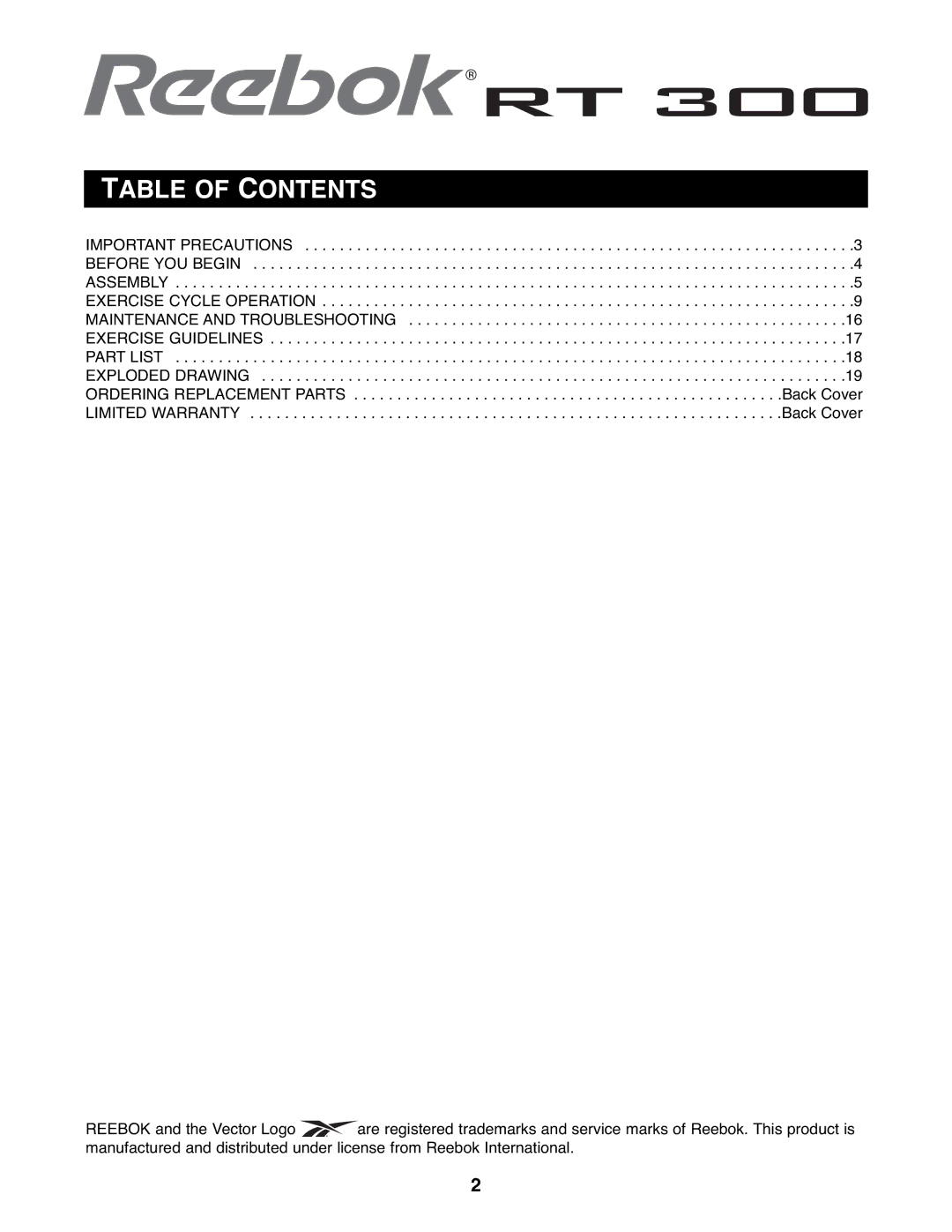 Reebok Fitness RBEX2976.0 manual Table of Contents 