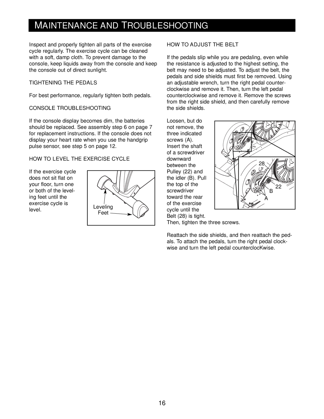 Reebok Fitness RBEX2976.1 manual Maintenance and Troubleshooting, Tightening the Pedals, Console Troubleshooting 