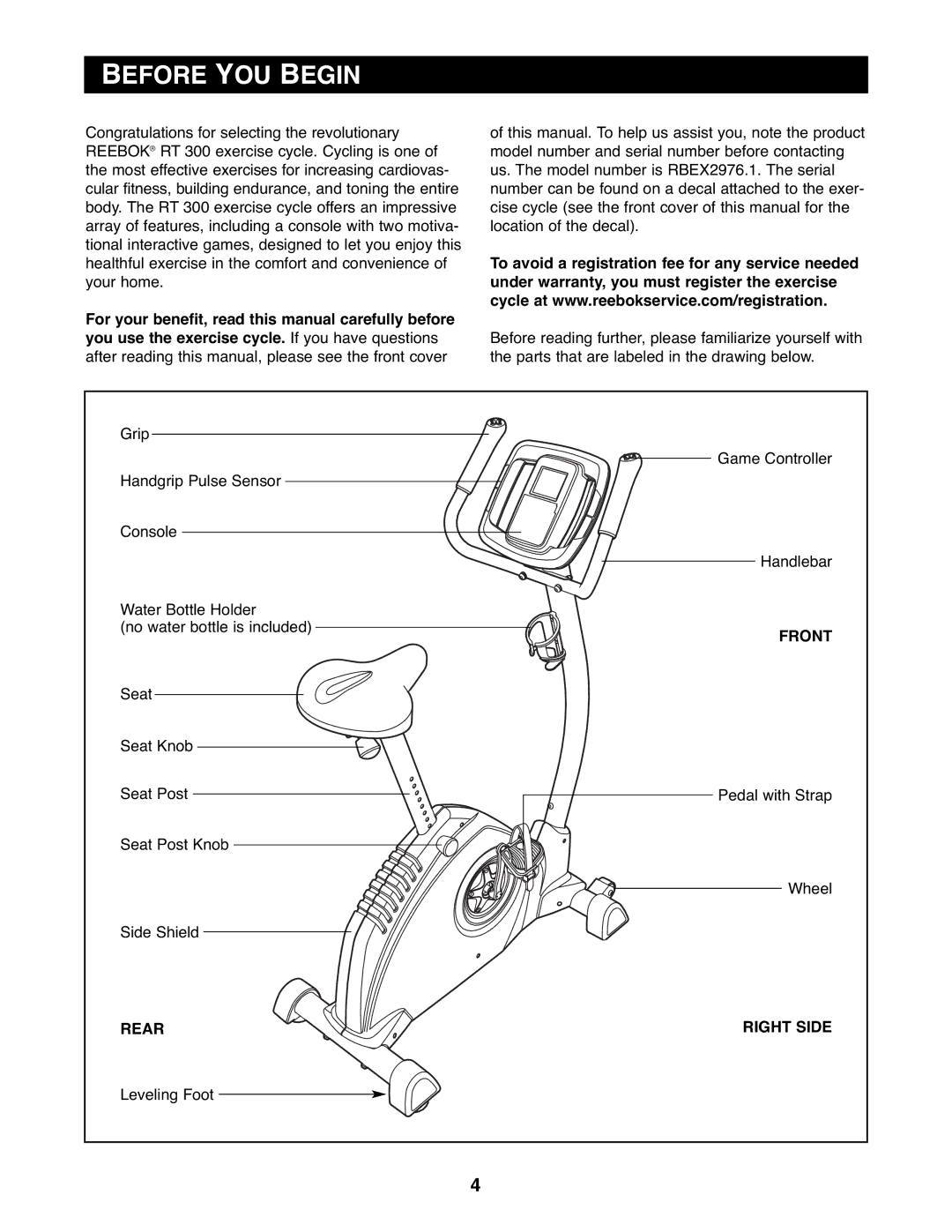 Reebok Fitness RBEX2976.1 manual Before YOU Begin, Front, Rear Right Side 