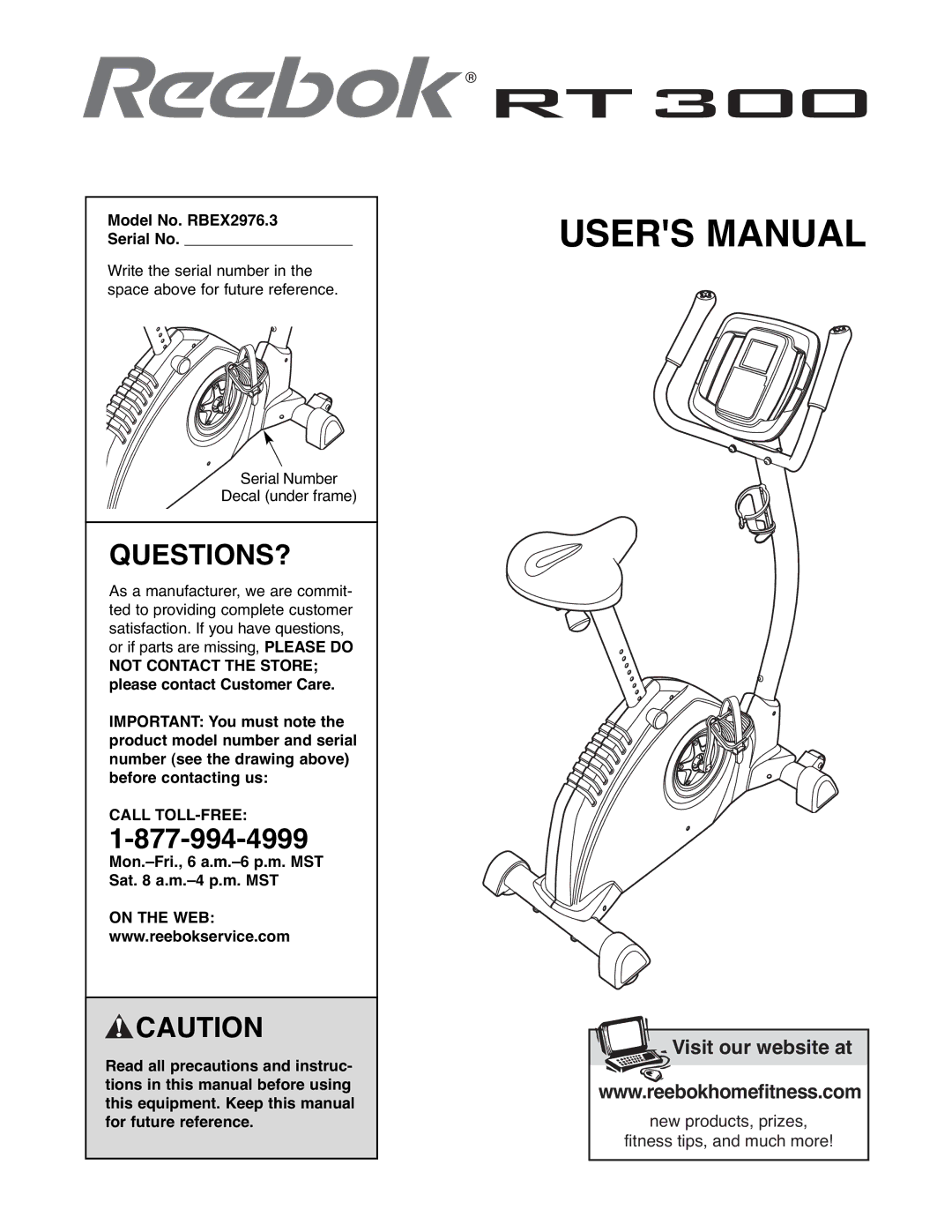 Reebok Fitness manual Questions?, Model No. RBEX2976.3 Serial No, Call TOLL-FREE, On the WEB 