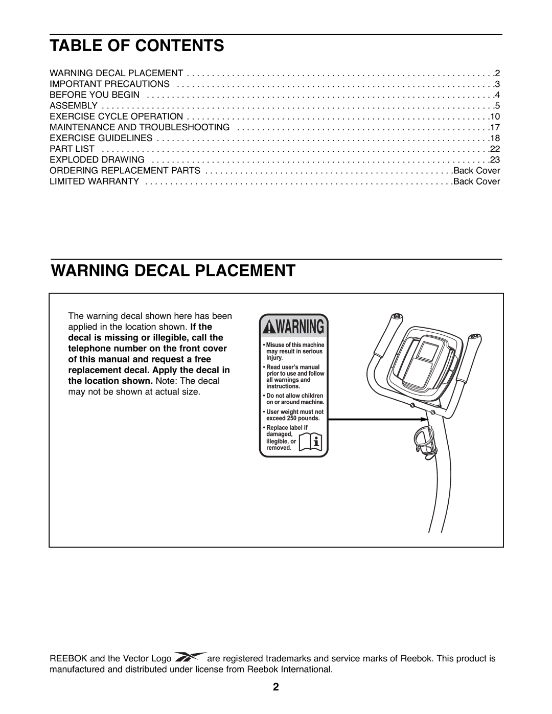 Reebok Fitness RBEX2976.3 manual Table of Contents 