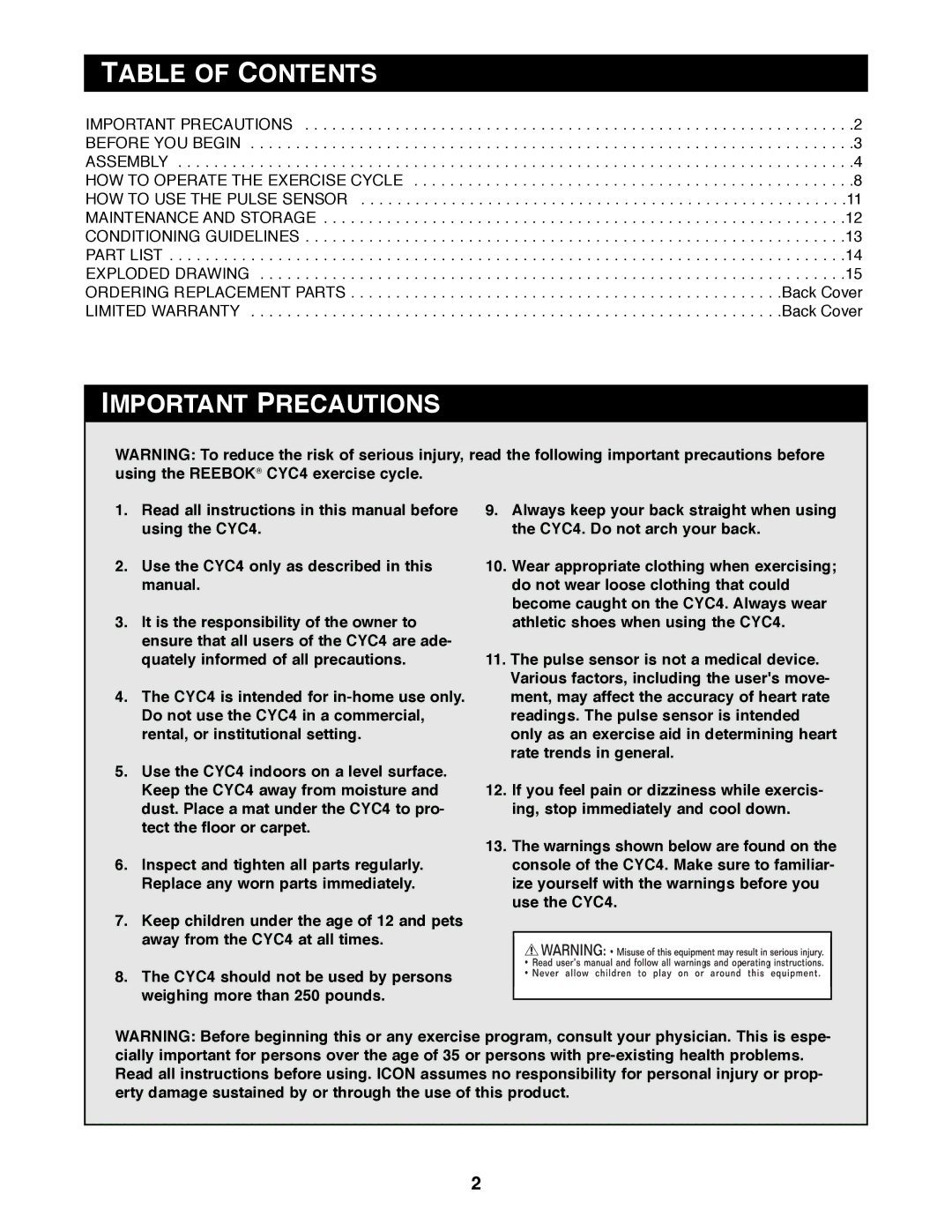 Reebok Fitness RBEX31080, CYC4 manual Table of Contents, Important Precautions 