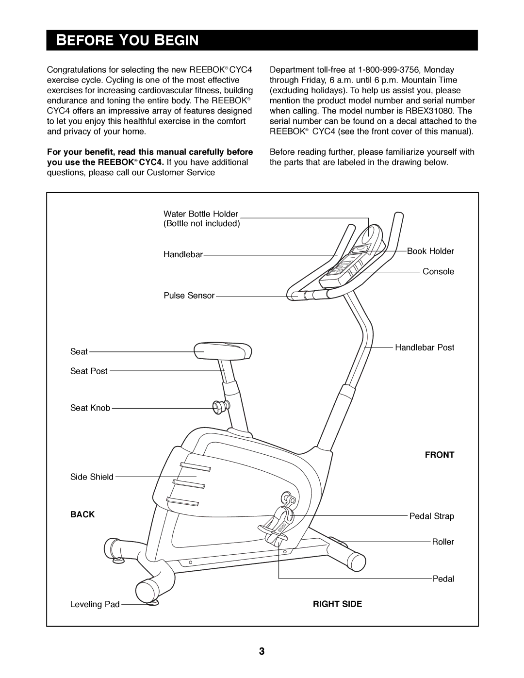 Reebok Fitness CYC4, RBEX31080 manual Before YOU Begin, Front, Back, Right Side 