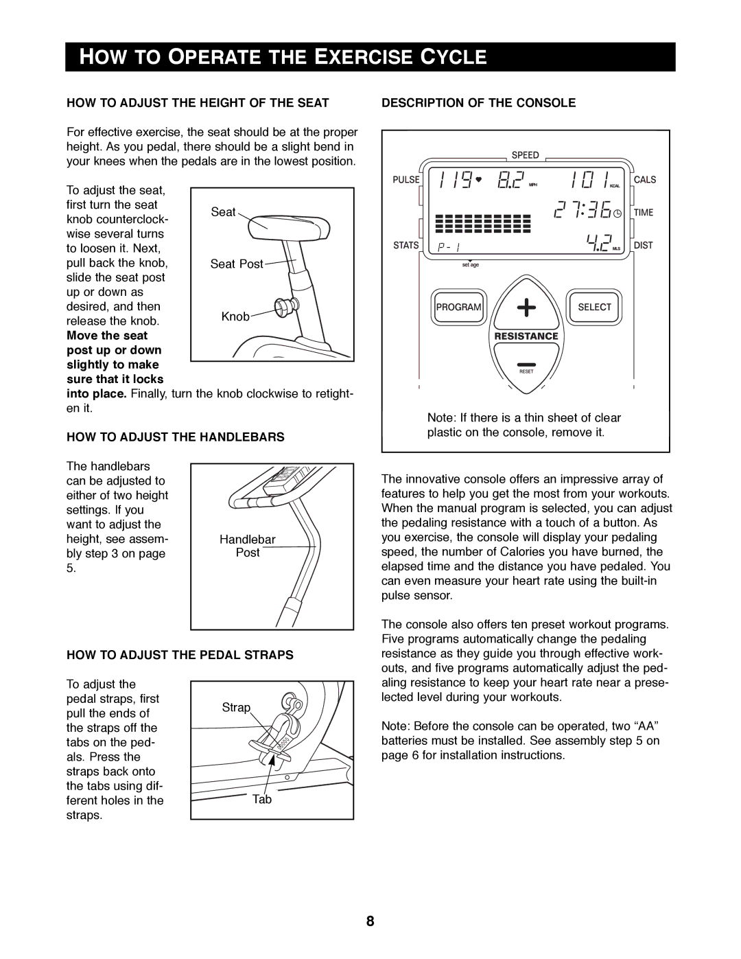 Reebok Fitness RBEX31080 HOW to Operate the Exercise Cycle, HOW to Adjust the Handlebars, HOW to Adjust the Pedal Straps 