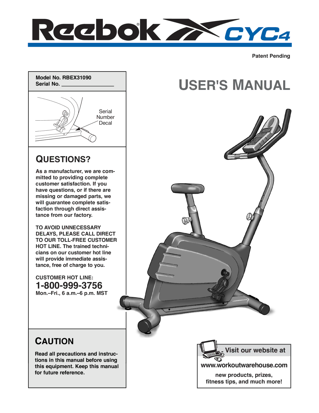 Reebok Fitness manual Model No. RBEX31090 Serial No, Customer HOT Line 