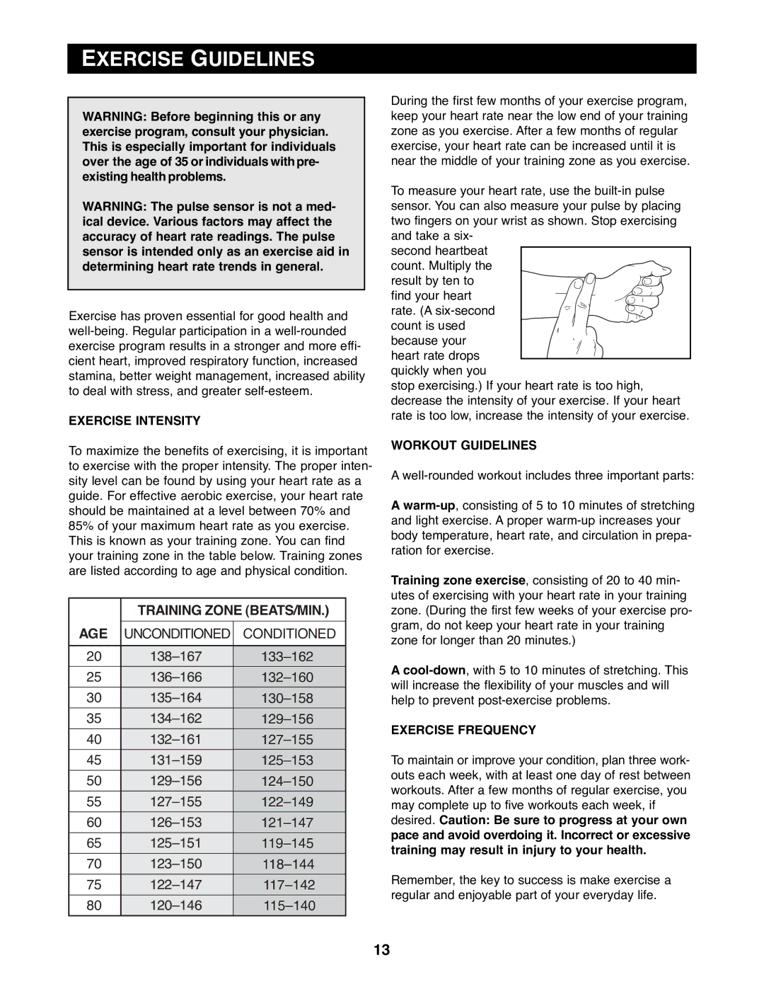 Reebok Fitness RBEX31090 manual Exercise Guidelines, Exercise Intensity, Workout Guidelines, Exercise Frequency 