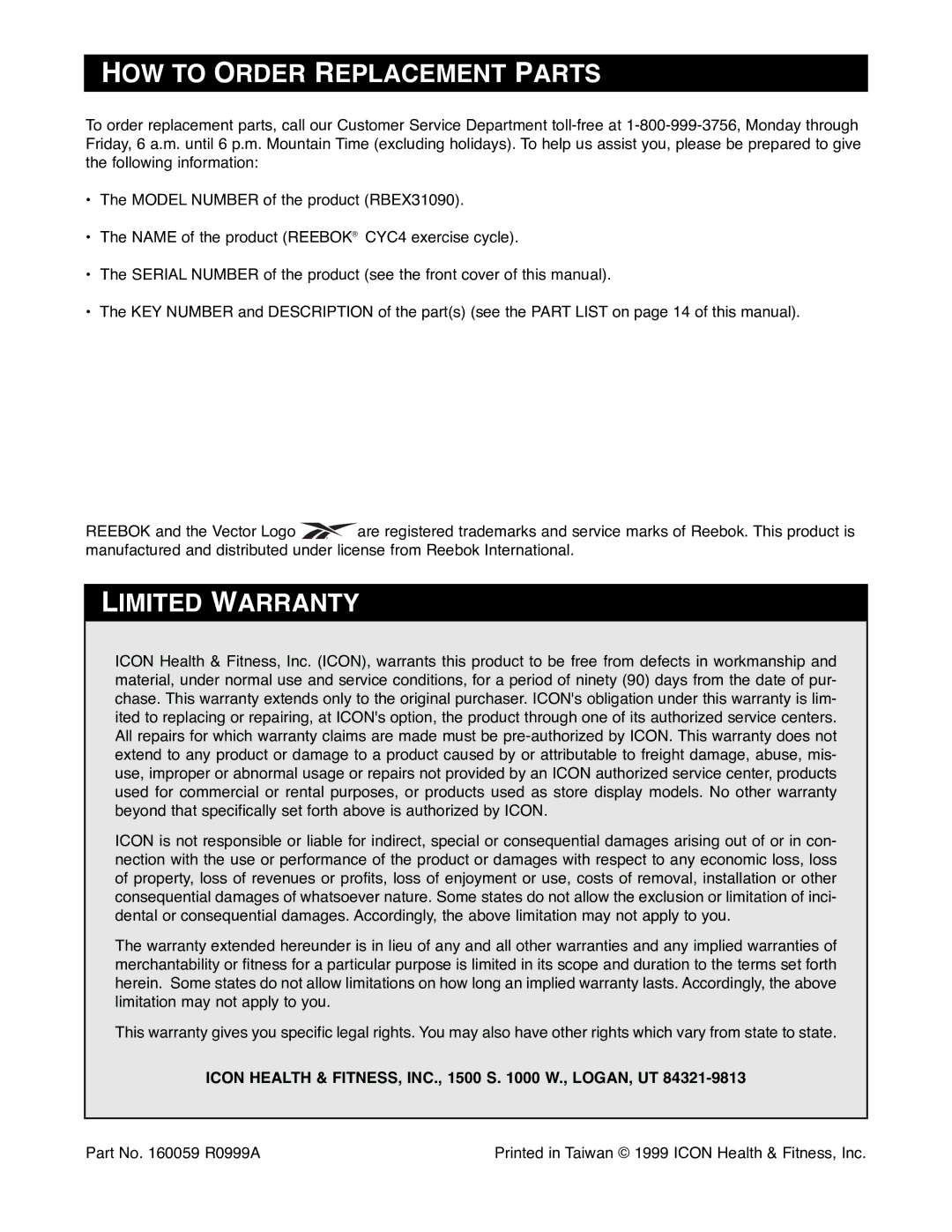 Reebok Fitness RBEX31090 manual HOW to Order Replacement Parts, Limited Warranty 