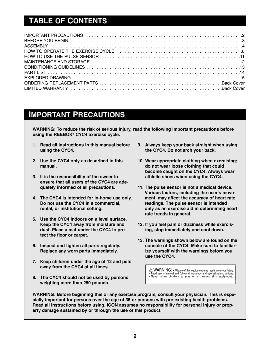 Reebok Fitness RBEX31090 manual Table of Contents, Important Precautions 