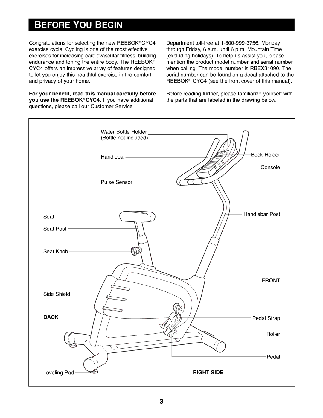 Reebok Fitness RBEX31090 manual Before YOU Begin, Front, Back, Right Side 