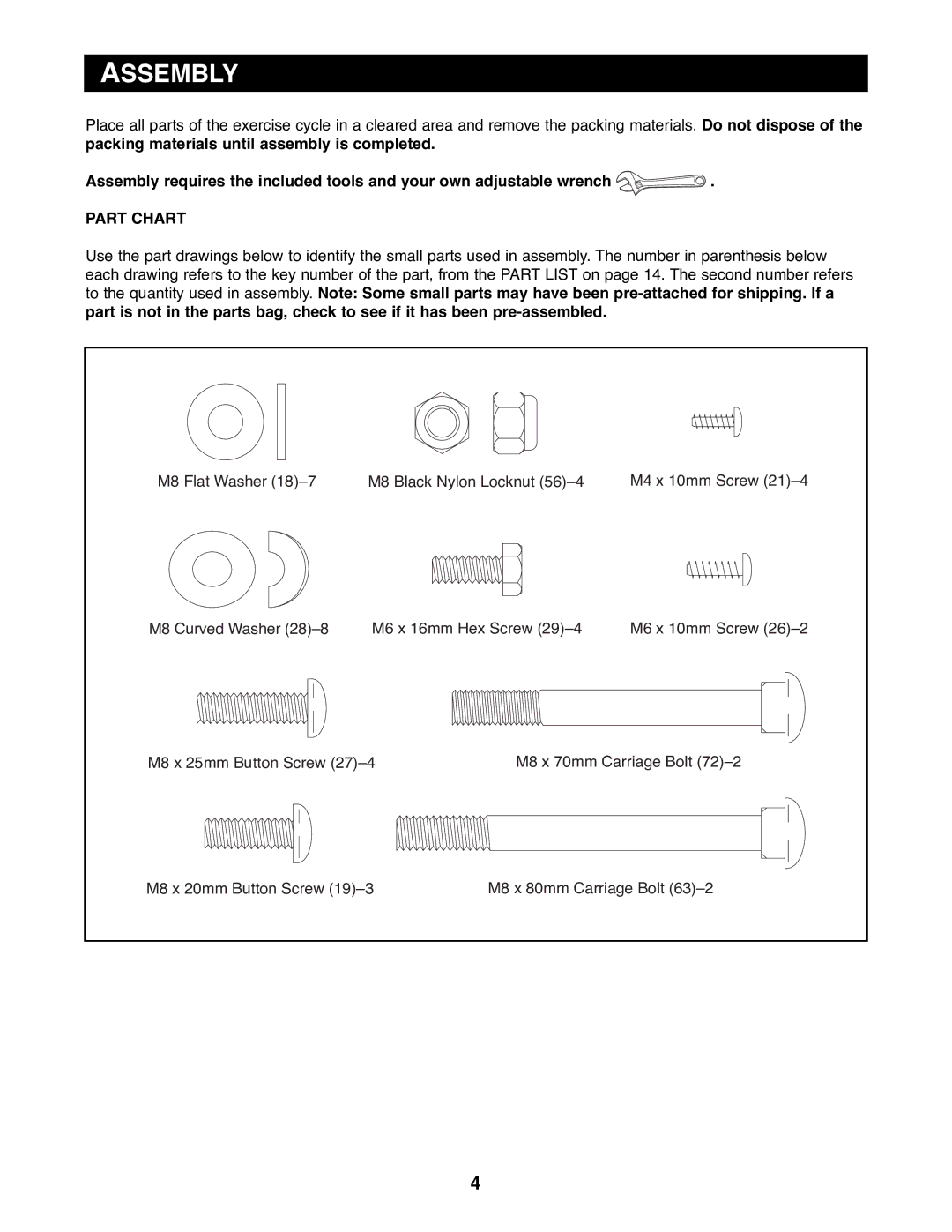 Reebok Fitness RBEX31090 manual Assembly, Part Chart 