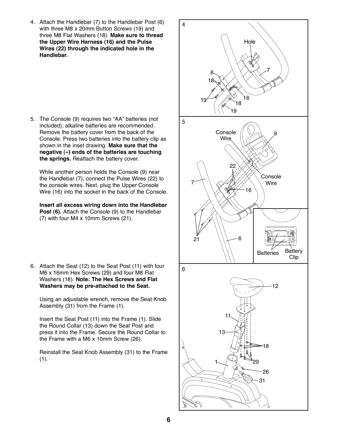 Reebok Fitness RBEX31090 manual Washers may be pre-attached to the Seat 