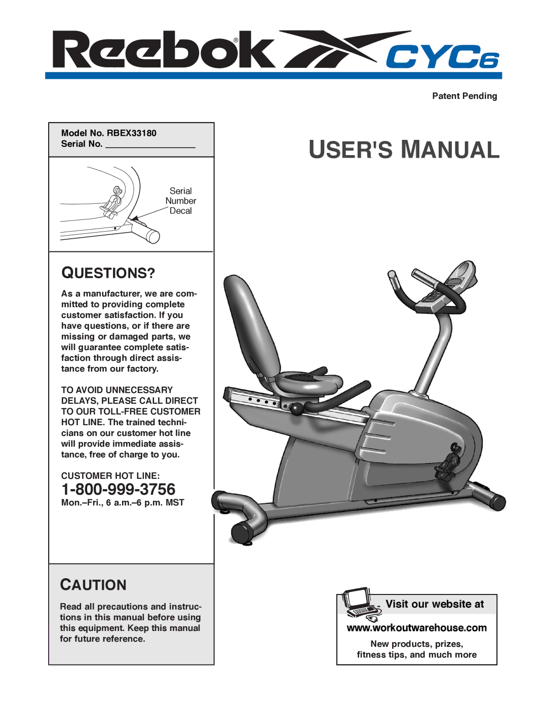 Reebok Fitness manual Model No. RBEX33180 Serial No, Customer HOT Line 