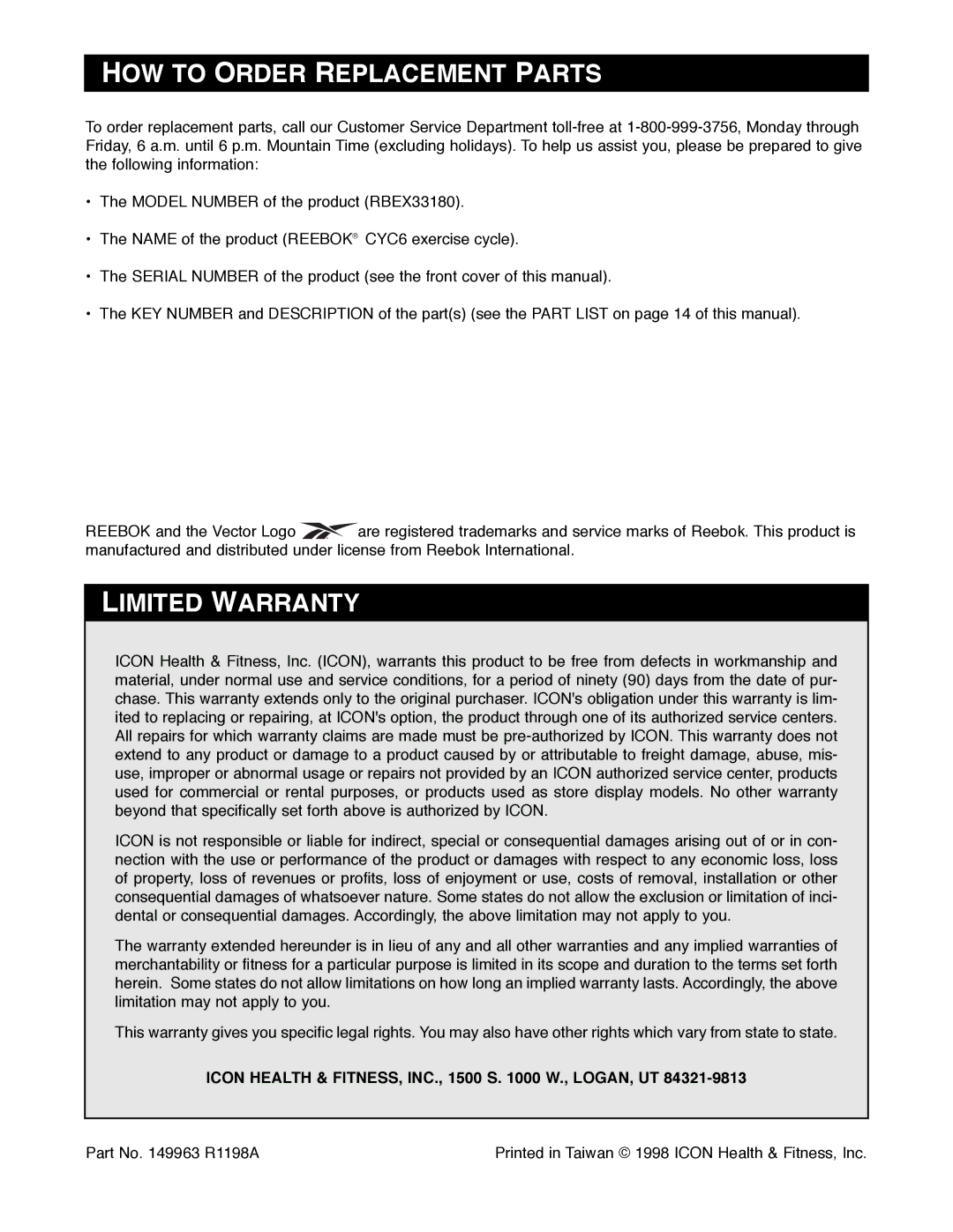 Reebok Fitness RBEX33180 manual HOW to Order Replacement Parts, Limited Warranty 