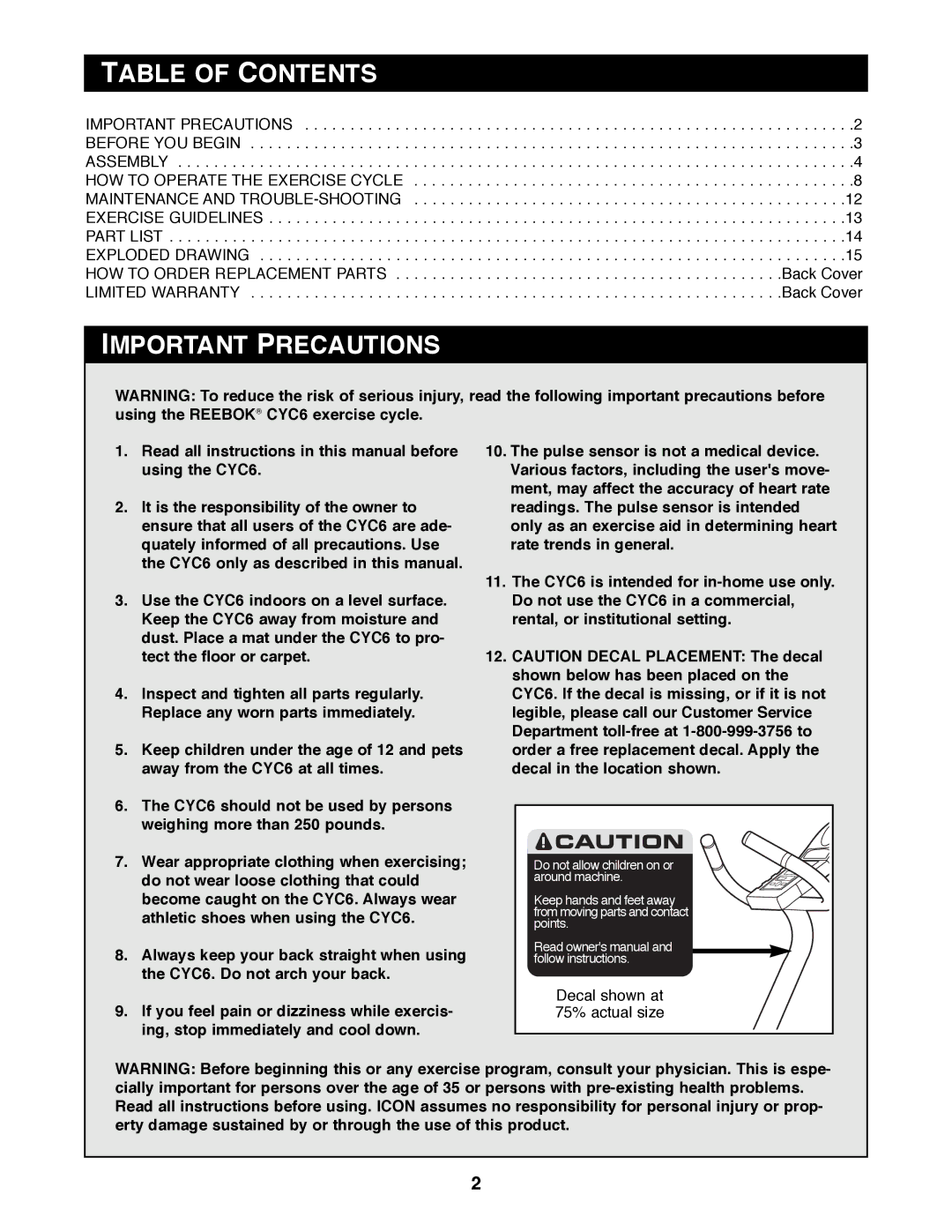 Reebok Fitness RBEX33180 manual Table of Contents, Important Precautions 