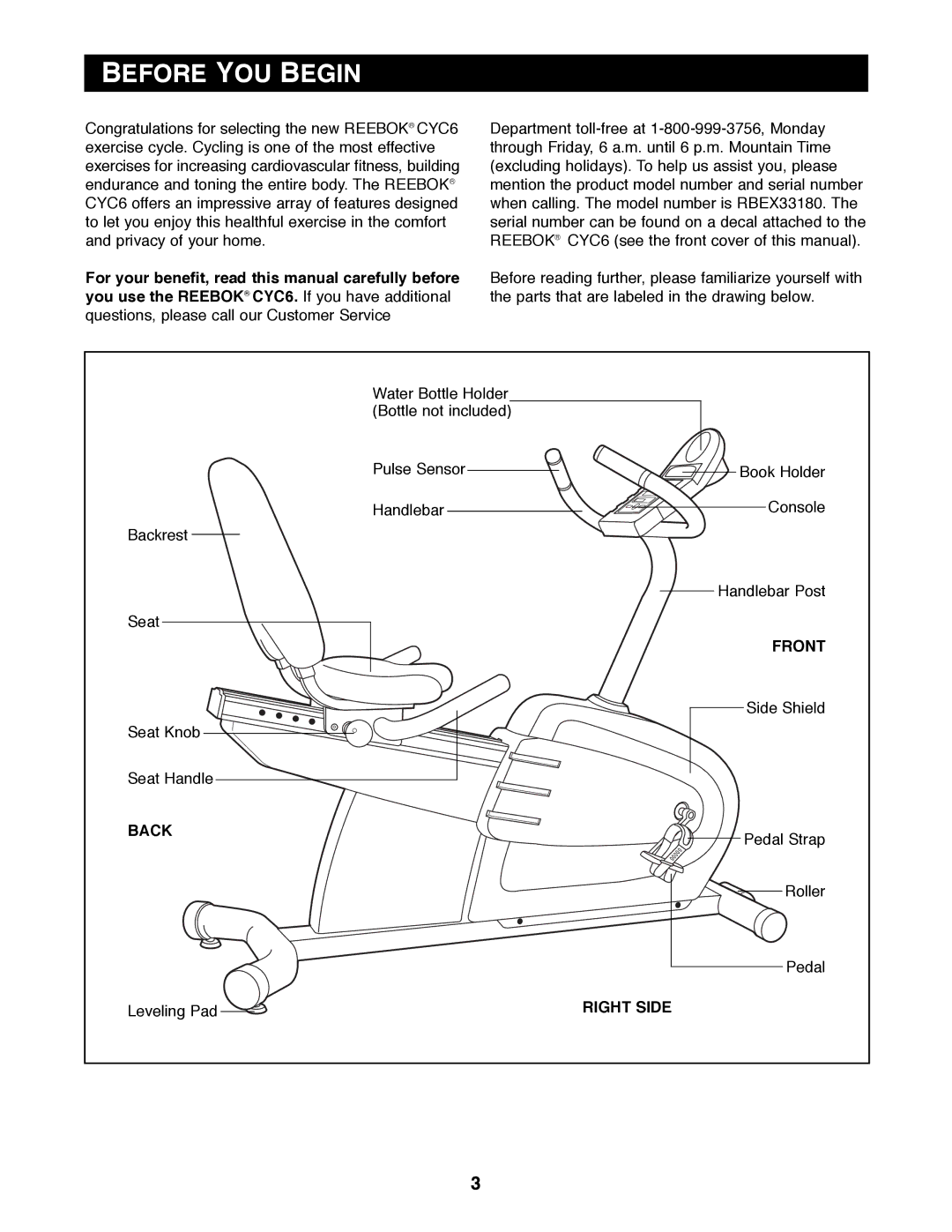 Reebok Fitness RBEX33180 manual Before YOU Begin, Front, Back, Right Side 