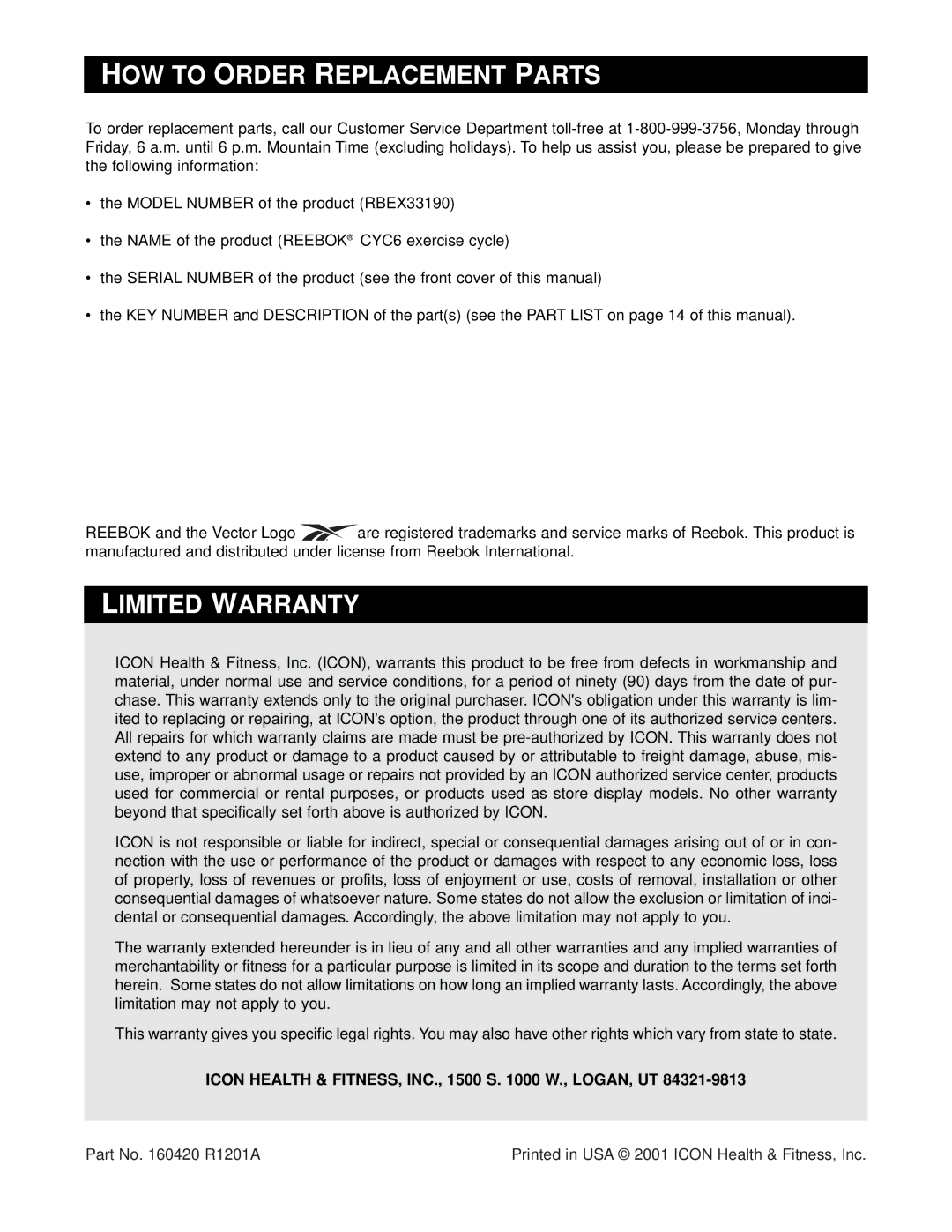 Reebok Fitness RBEX33190 manual HOW to Order Replacement Parts, Limited Warranty 