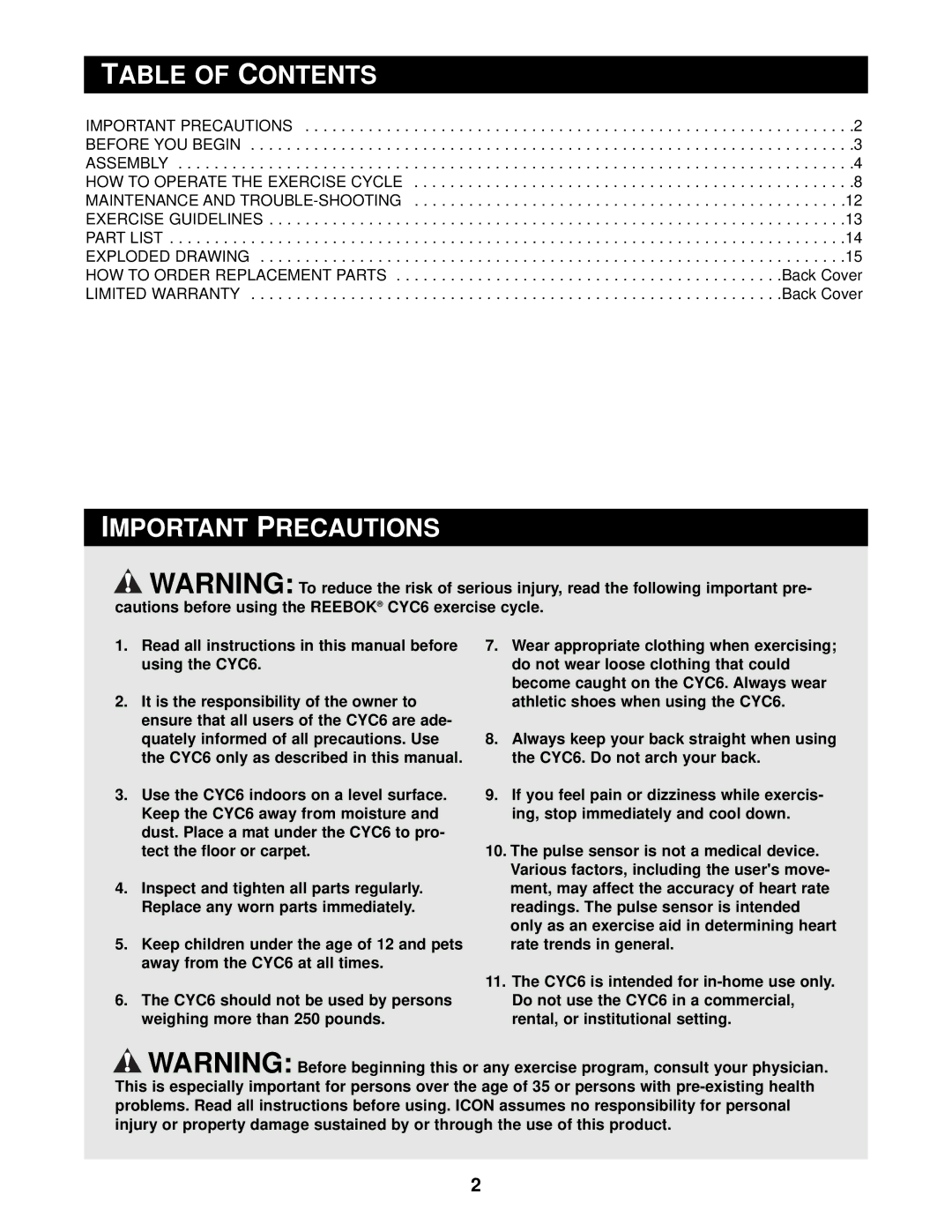 Reebok Fitness RBEX33190 manual Table of Contents, Important Precautions 