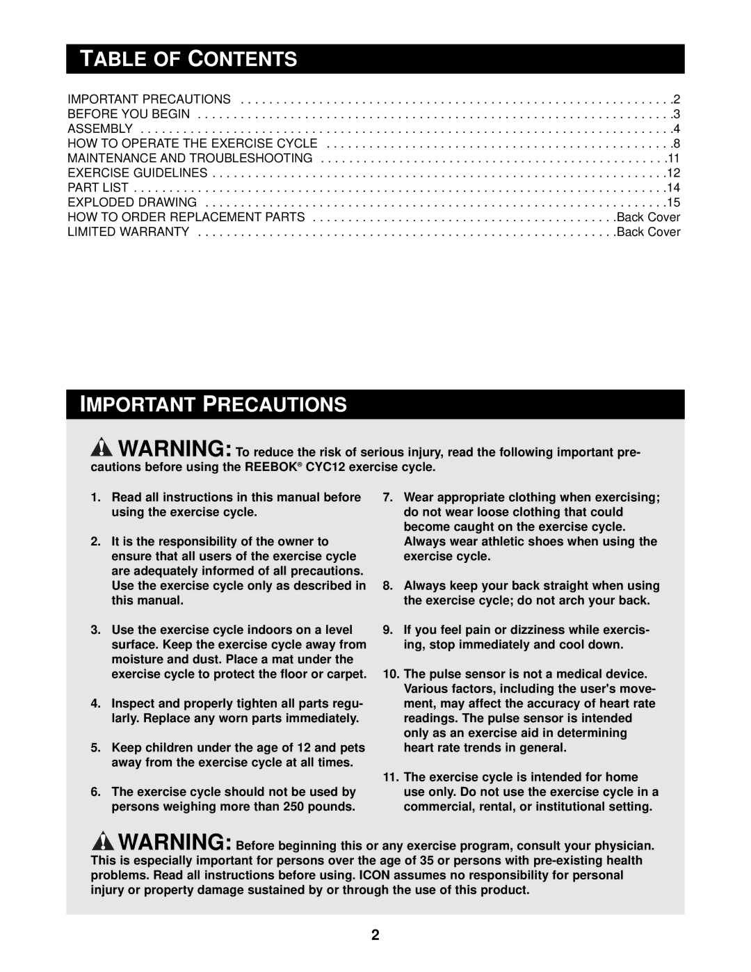 Reebok Fitness RBEX39010 manual Table of Contents, Important Precautions 