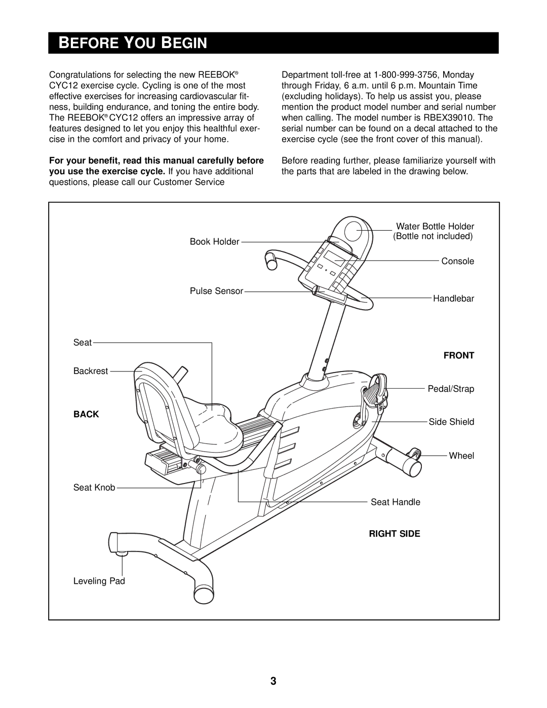 Reebok Fitness RBEX39010 manual Before YOU Begin, Front, Back, Right Side 