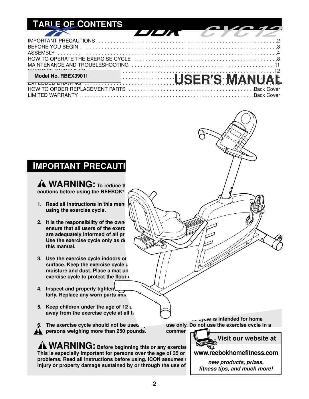 Reebok Fitness RBEX39011 manual Able Ontents, Recautions, Back Cover, Exercise cycle is intended for home 