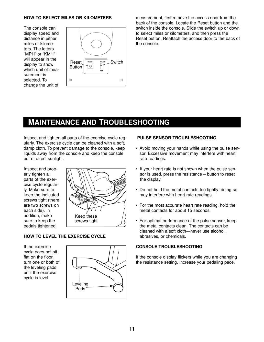 Reebok Fitness RBEX39011 manual M Aintenance And, How To Select Miles Or Kilometers, Pulse Sensor Troubleshooting 