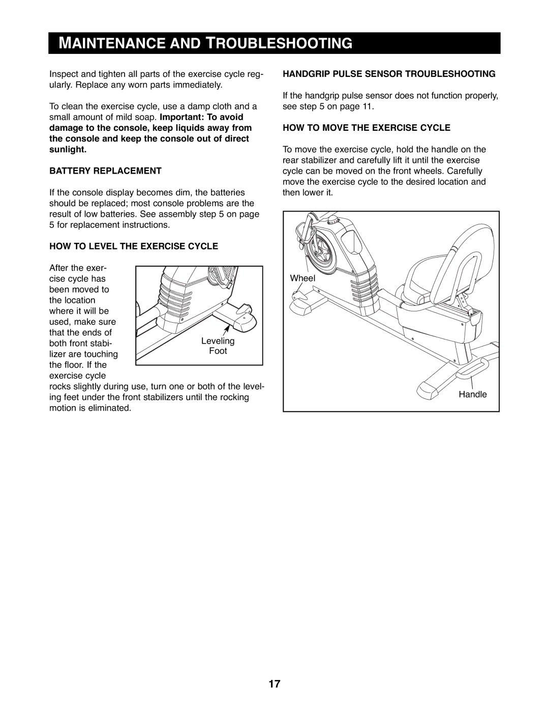 Reebok Fitness RBEX3976.1 manual Maintenance and Troubleshooting, Battery Replacement, HOW to Level the Exercise Cycle 