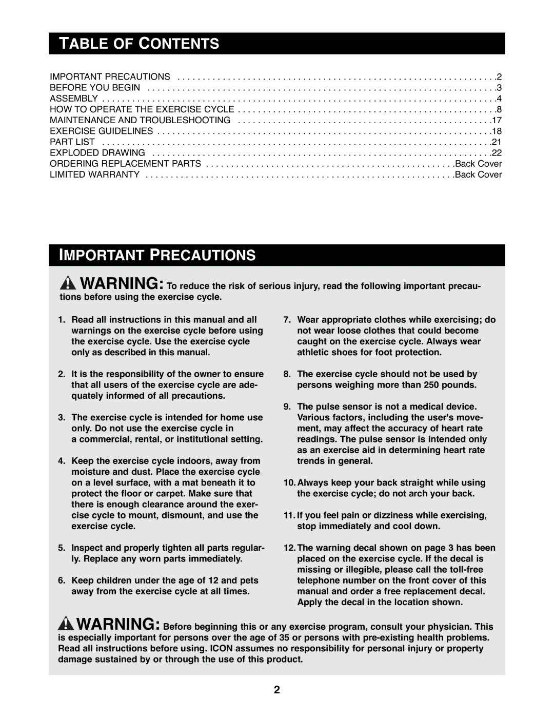 Reebok Fitness RBEX3976.1 manual Table of Contents, Important Precautions 