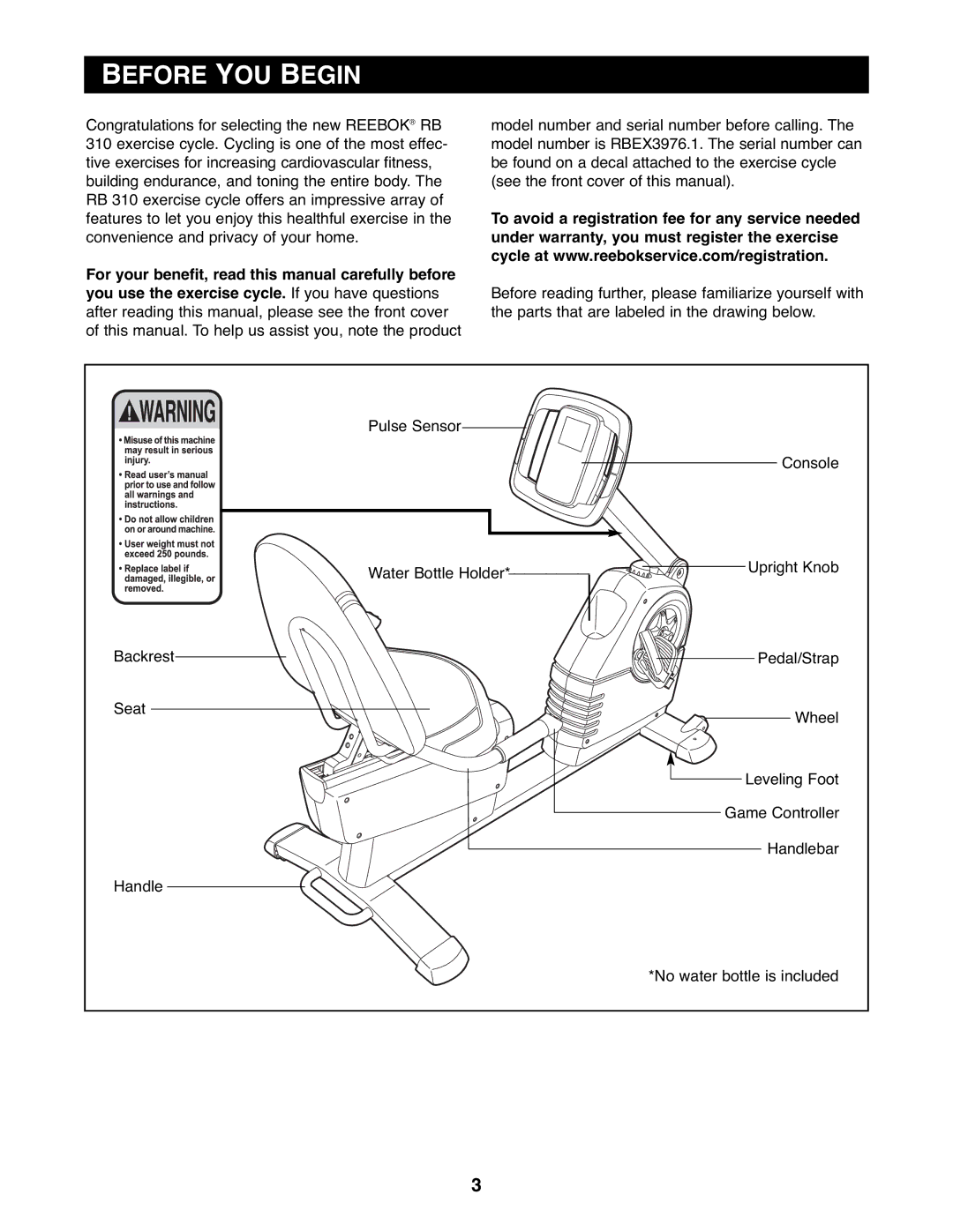 Reebok Fitness RBEX3976.1 manual Before YOU Begin 