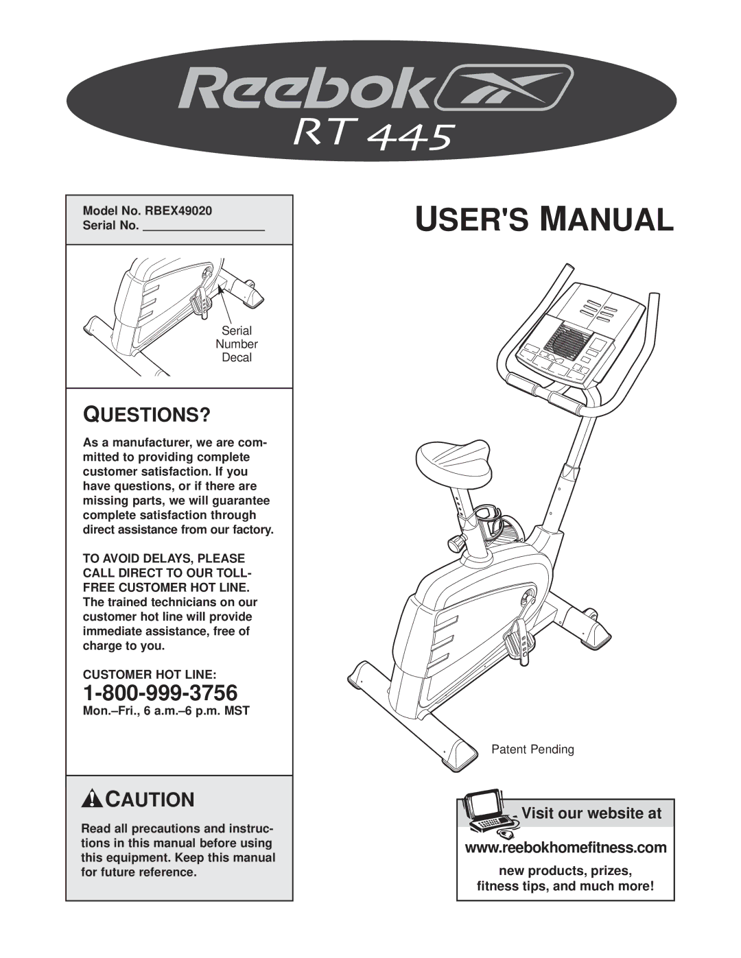 Reebok Fitness manual Model No. RBEX49020 Serial No, Customer HOT Line 