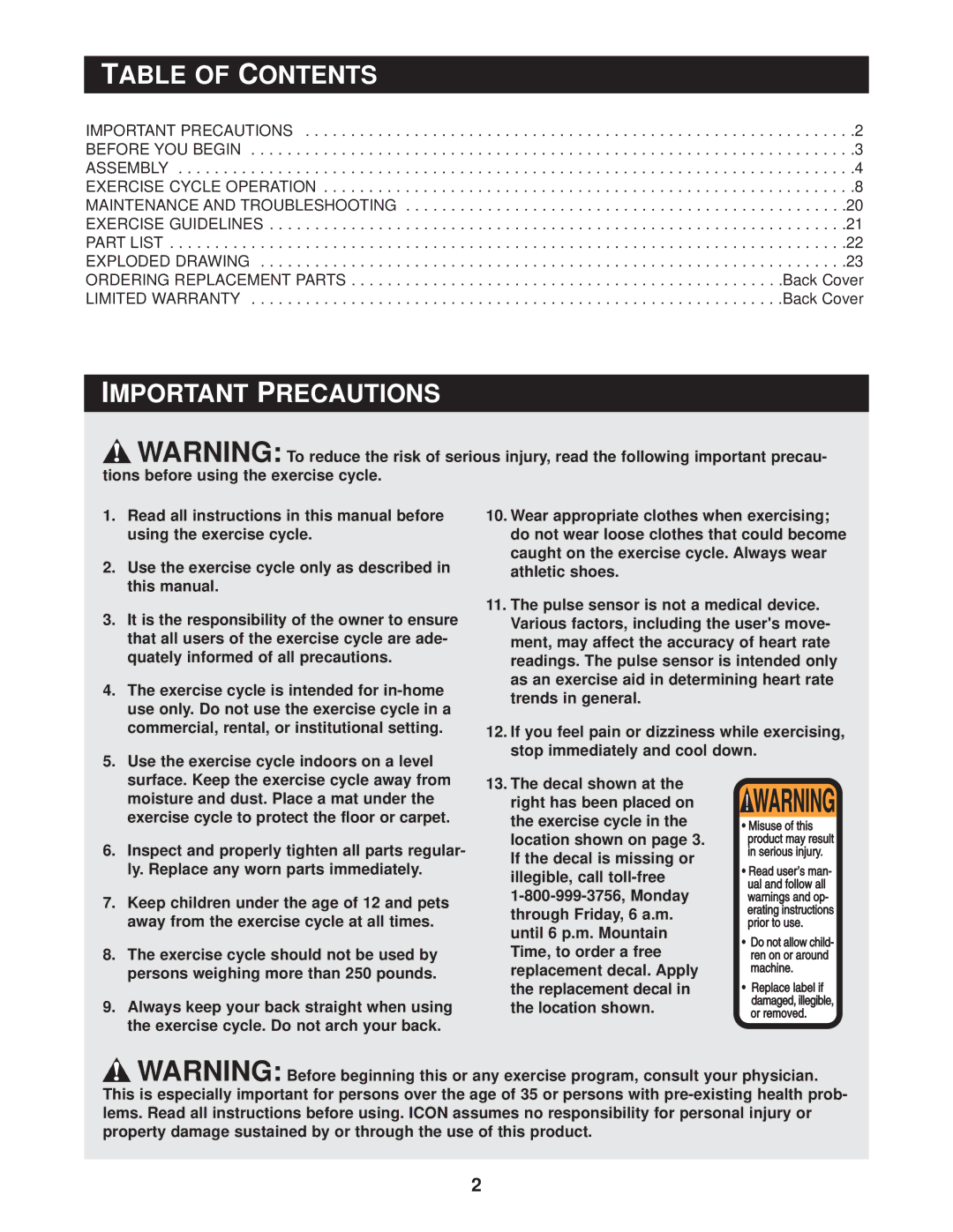 Reebok Fitness RBEX49020 manual Table of Contents, Important Precautions 