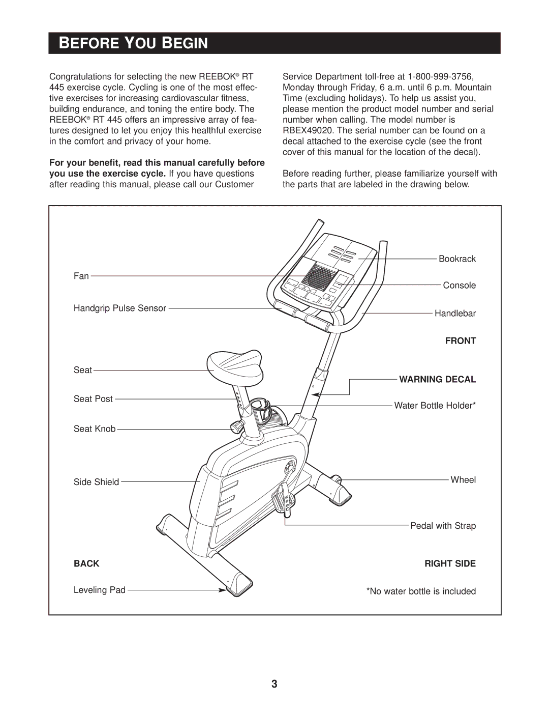 Reebok Fitness RBEX49020 manual Before YOU Begin, Front, Back Right Side 