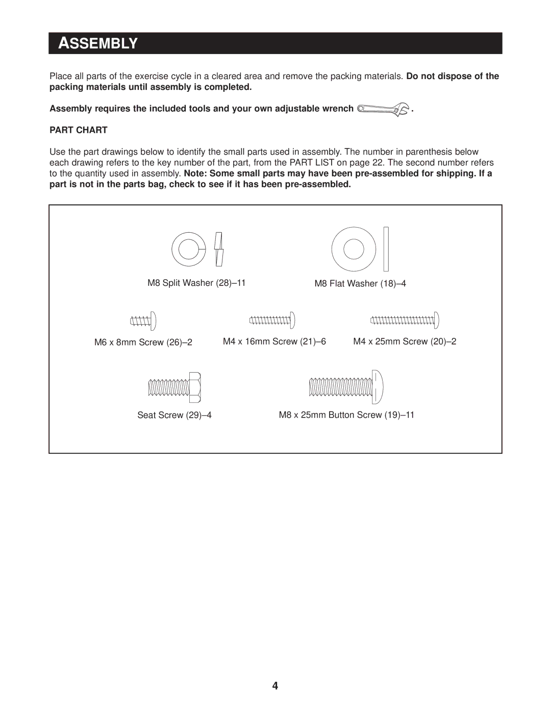 Reebok Fitness RBEX49020 manual Assembly, Part Chart 