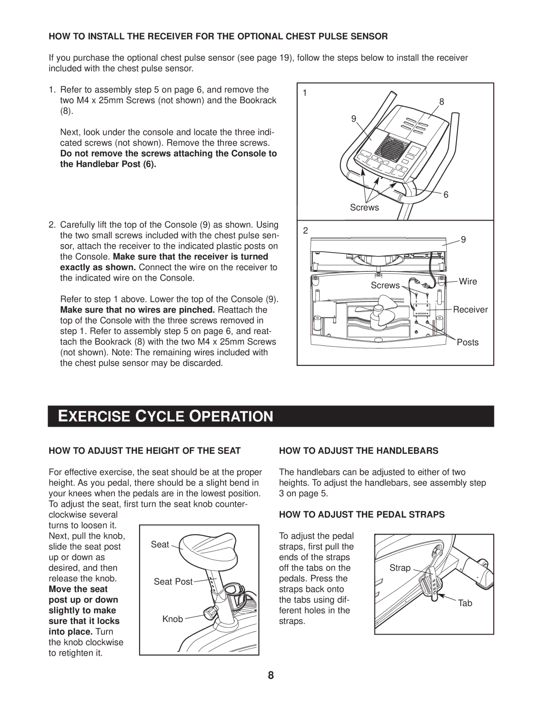 Reebok Fitness RBEX49020 Exercise Cycle Operation, HOW to Adjust the Height of the Seat, HOW to Adjust the Handlebars 