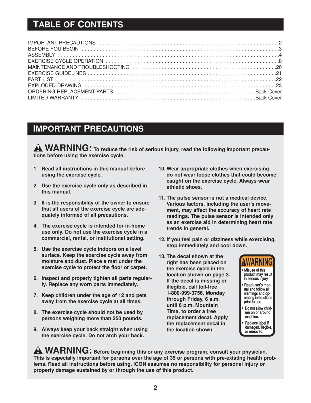 Reebok Fitness RBEX49020 manual Table Of Contents, Important Precautions 