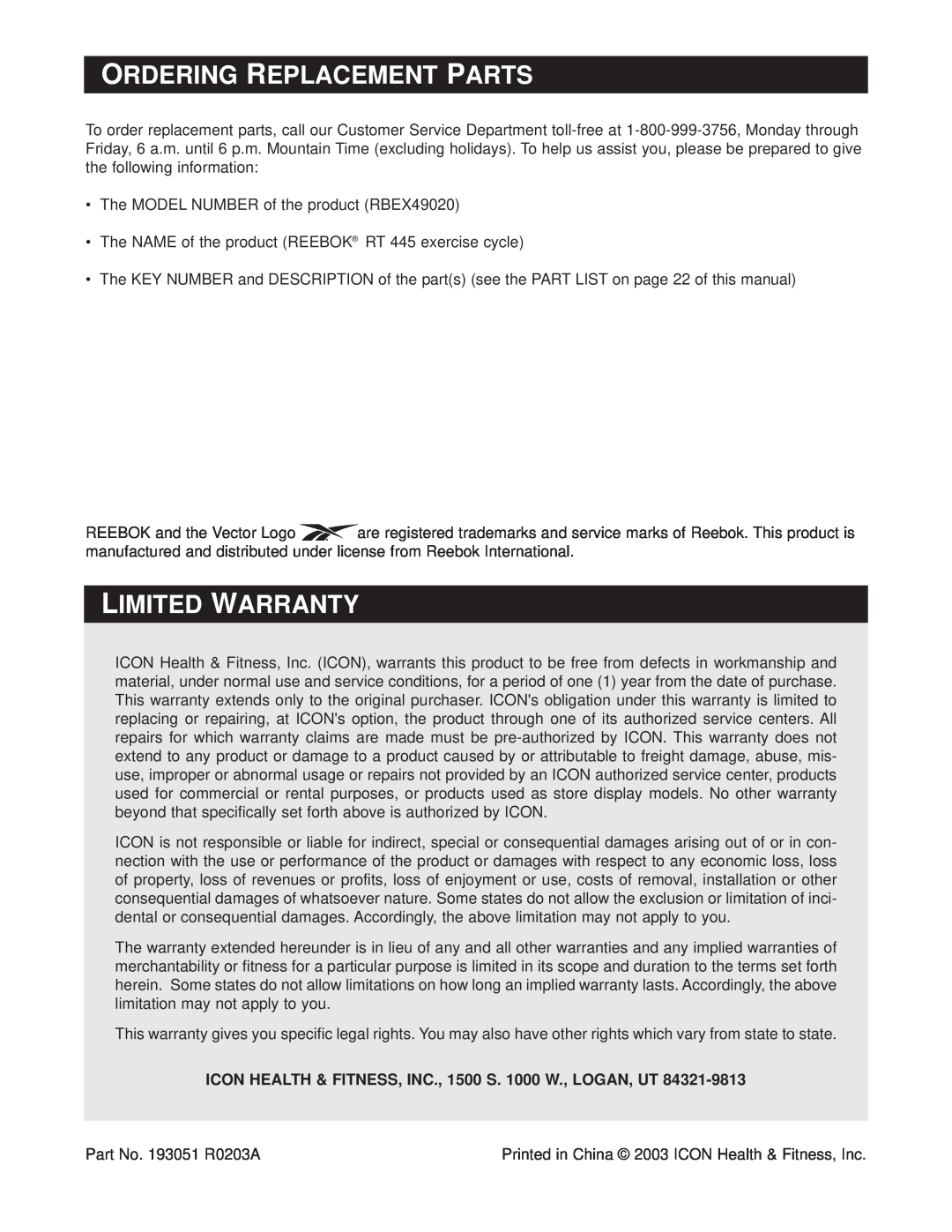 Reebok Fitness RBEX49020 manual Ordering Replacement Parts, Limited Warranty 
