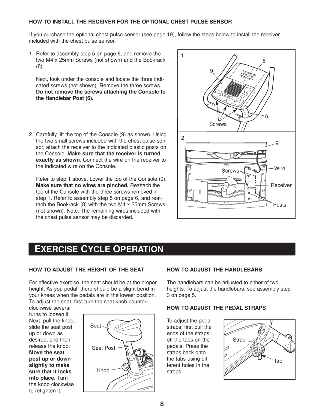 Reebok Fitness RBEX49020 manual Exercise Cycle Operation 