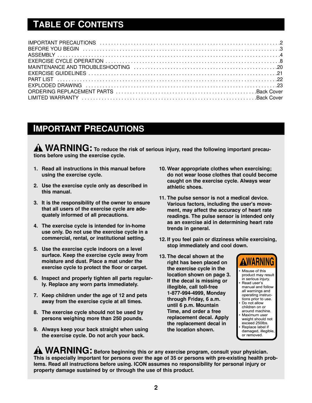 Reebok Fitness RBEX49840 manual Table of Contents, Important Precautions 