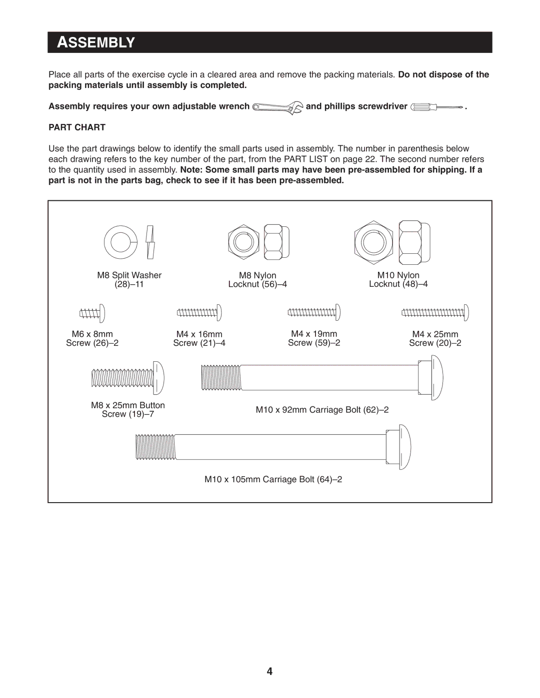 Reebok Fitness RBEX49840 manual Assembly, Part Chart 