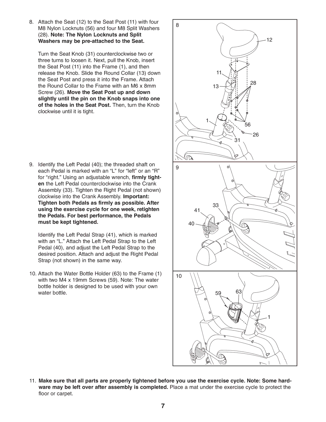 Reebok Fitness RBEX49840 manual Washers may be pre-attached to the Seat 