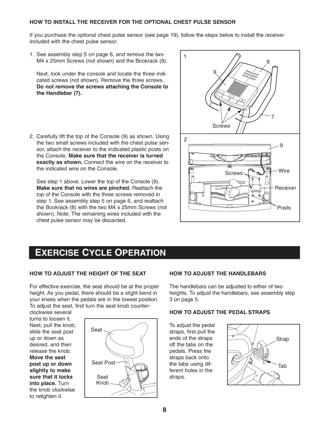 Reebok Fitness RBEX49840 Exercise Cycle Operation, HOW to Adjust the Height of the Seat, HOW to Adjust the Handlebars 