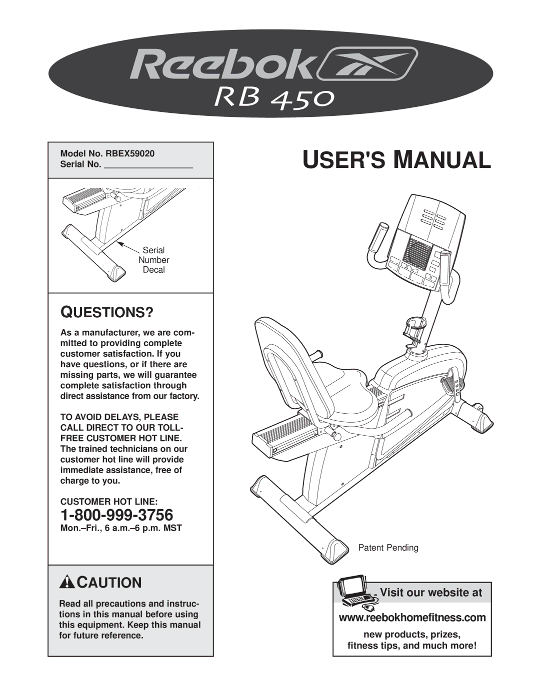 Reebok Fitness manual Model No. RBEX59020 Serial No, Customer HOT Line 