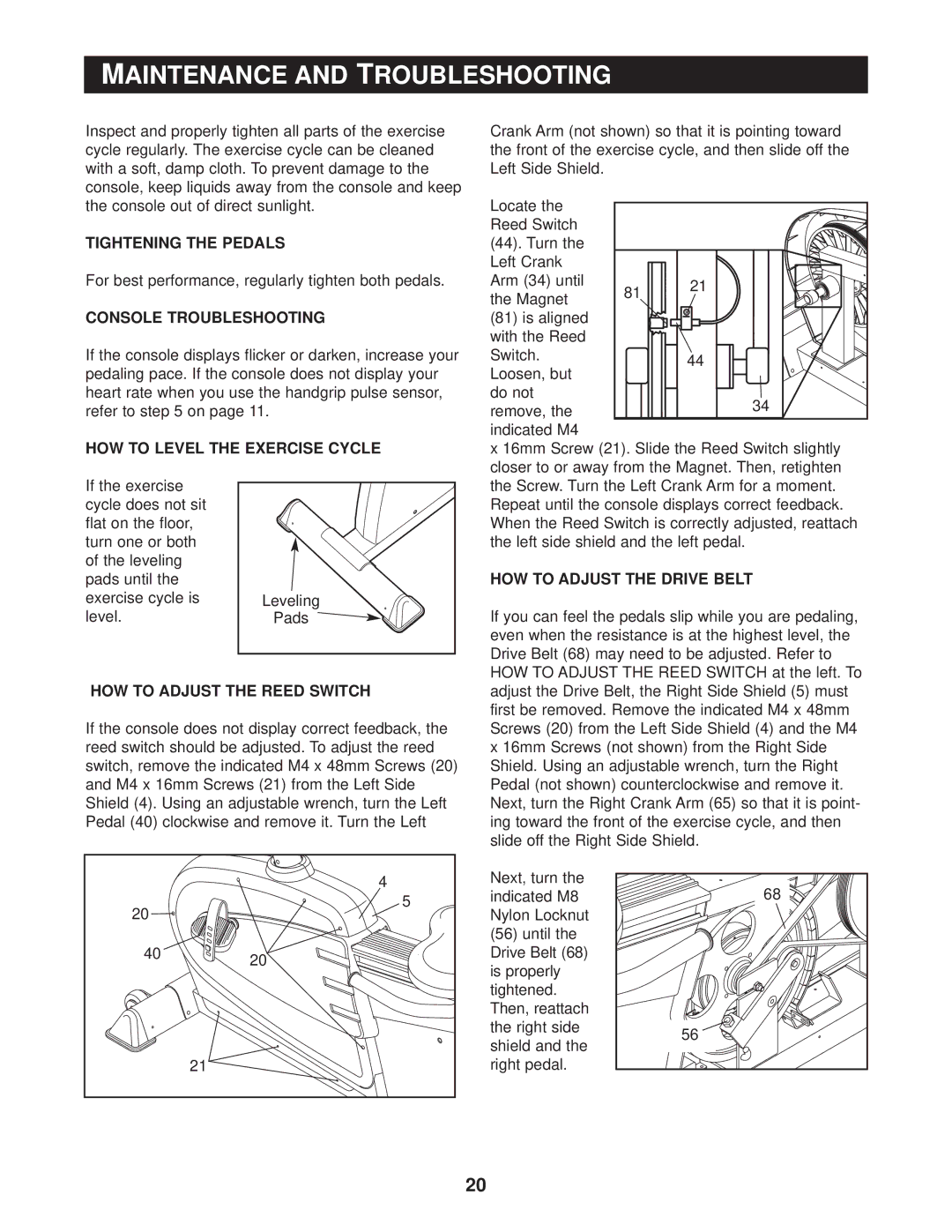 Reebok Fitness RBEX59020 manual Maintenance and Troubleshooting 