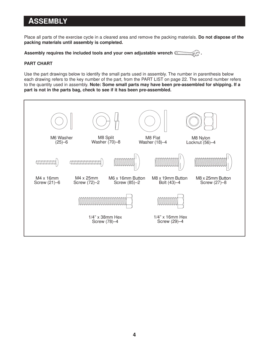 Reebok Fitness RBEX59020 manual Assembly, Part Chart 