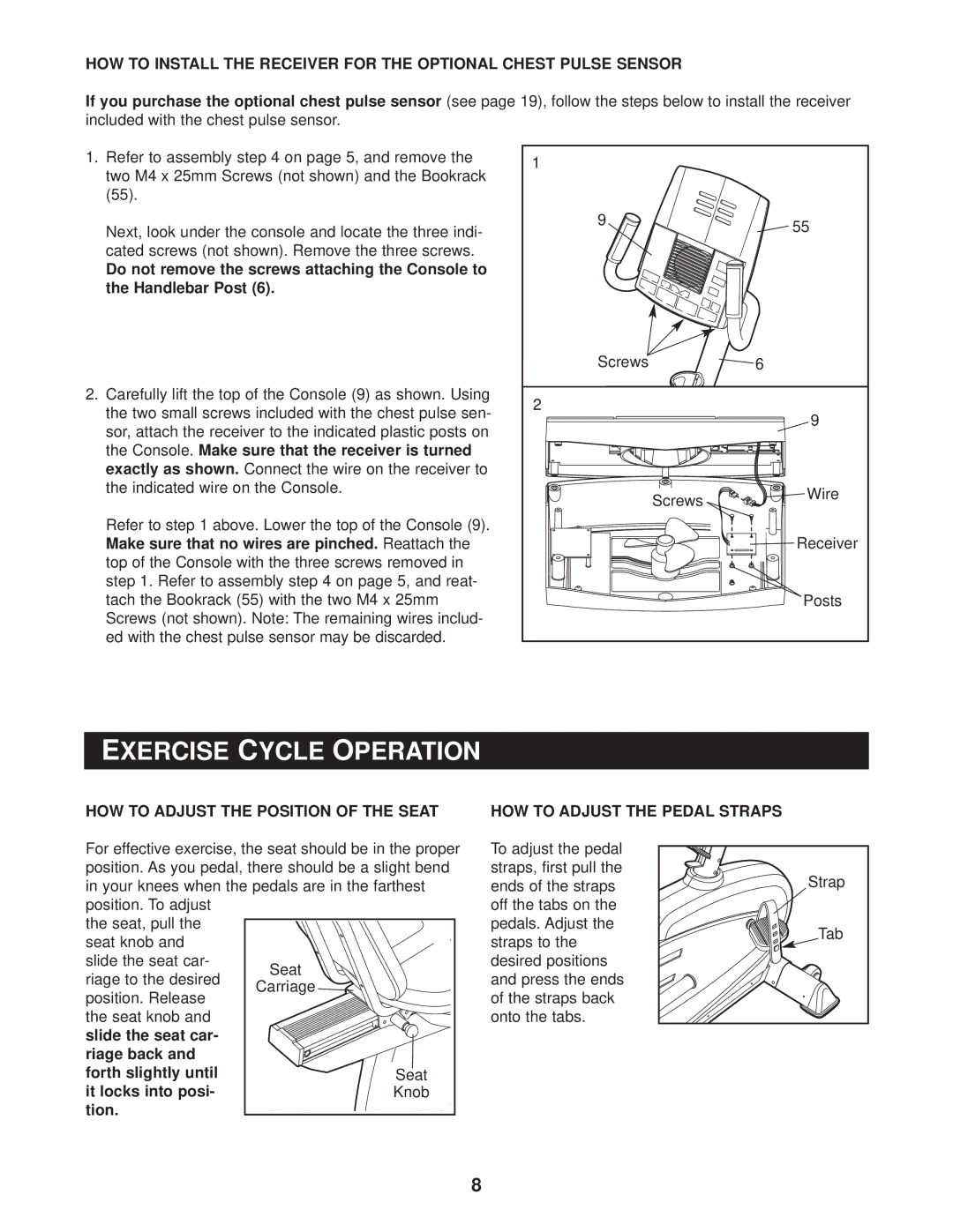 Reebok Fitness RBEX59020 manual Exercise Cycle Operation, Riage back and forth slightly until it locks into posi- tion 