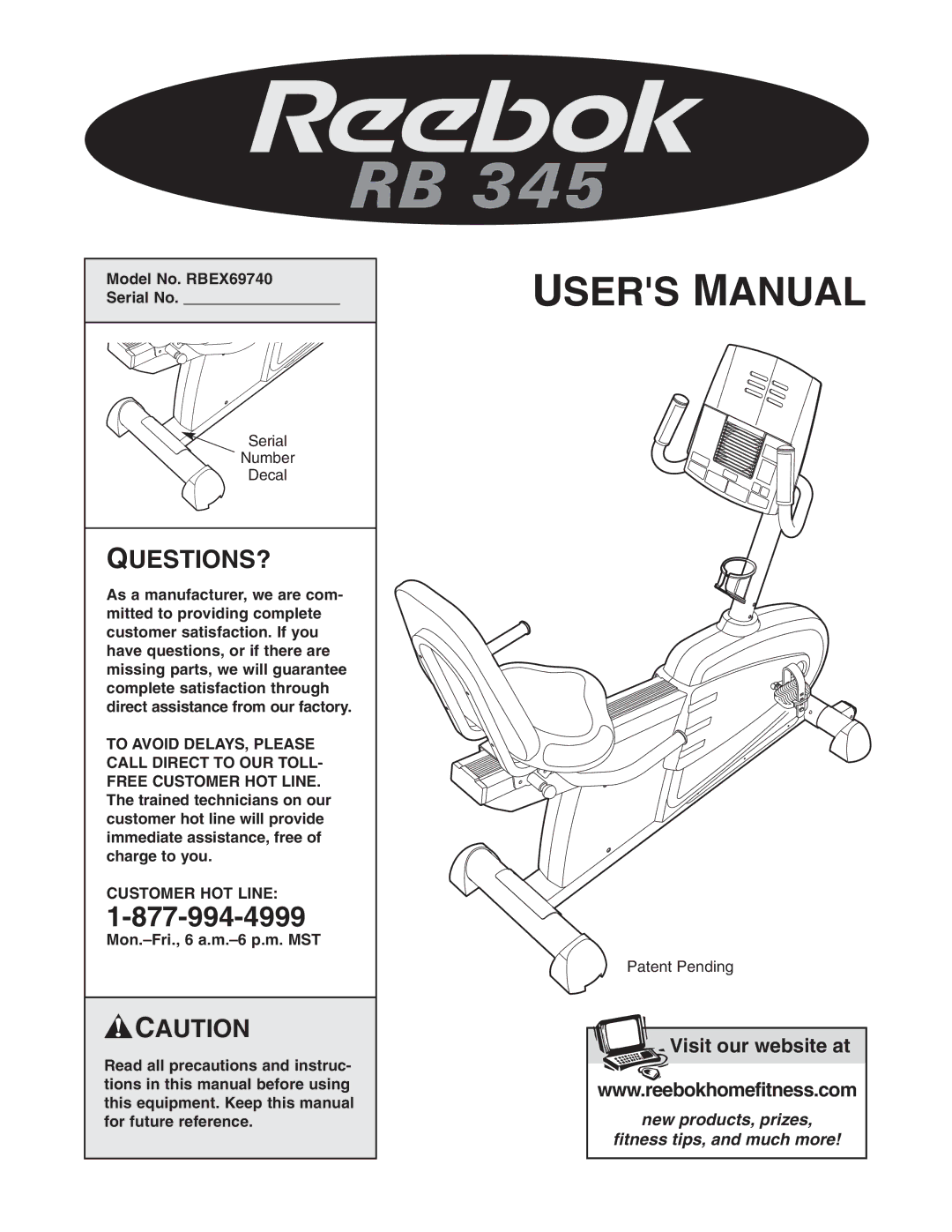 Reebok Fitness manual Model No. RBEX69740 Serial No, Customer HOT Line 