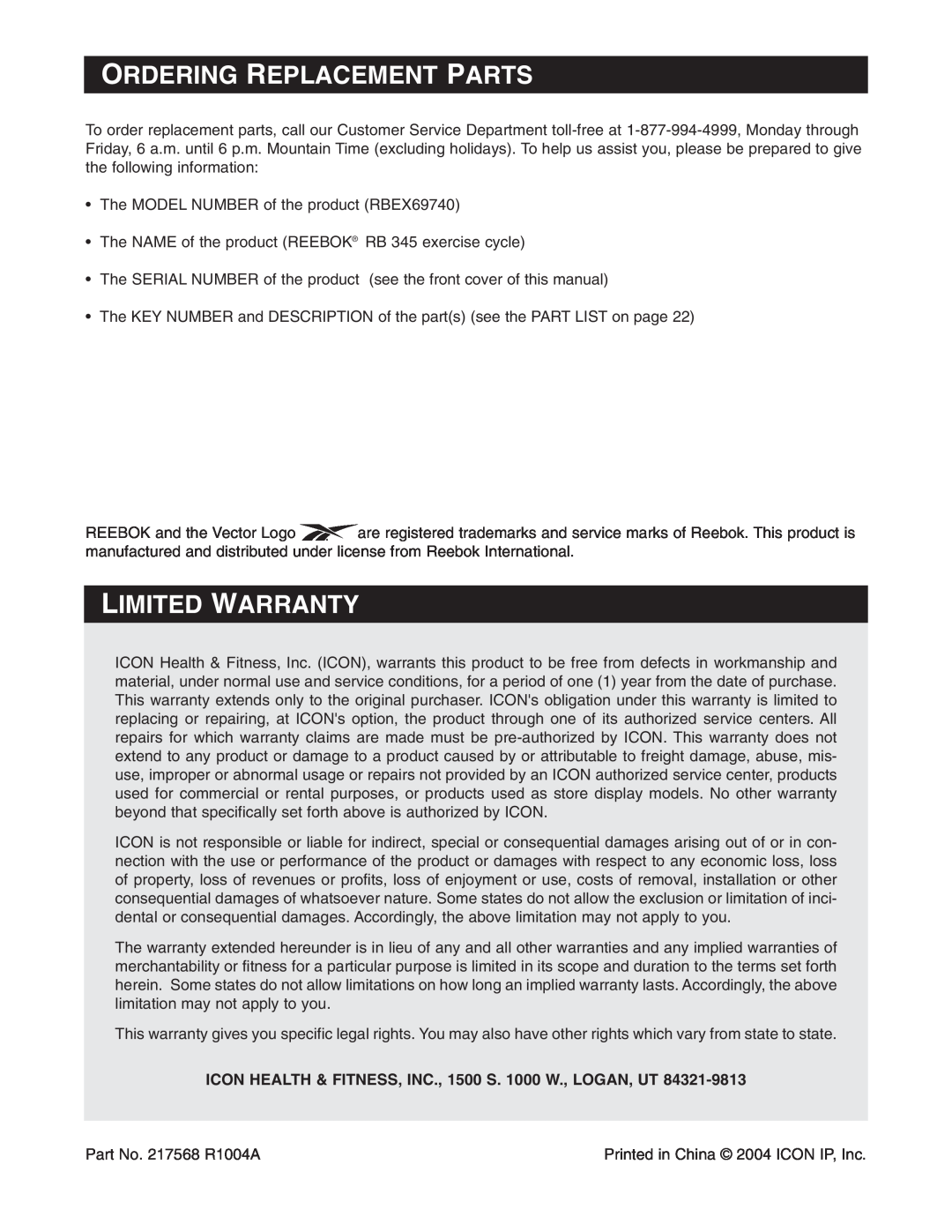 Reebok Fitness RBEX69740 manual Ordering Replacement Parts, Limited Warranty 