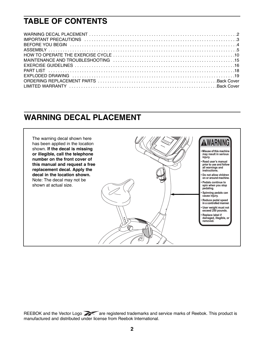 Reebok Fitness RBEX71507.0 manual Table of Contents 